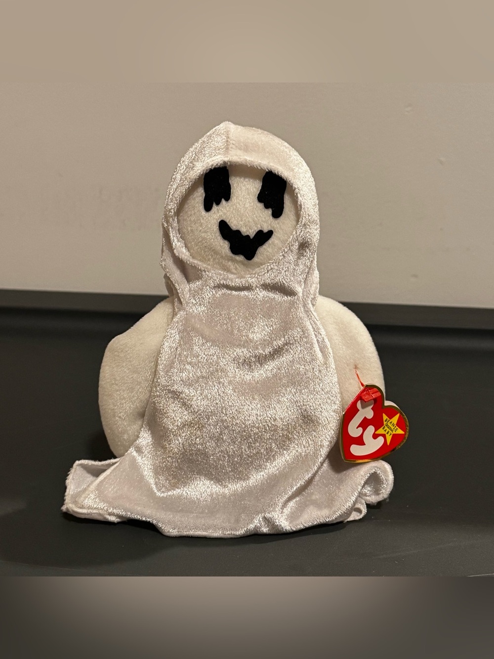 Ty Beanie Baby “Sheets” White Plush Ghost with Black Face Applique